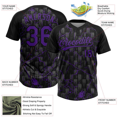 Custom Black Purple-Gray Raglan Sleeves Neon Lightning Crackle Two-Button Unisex Softball Jersey