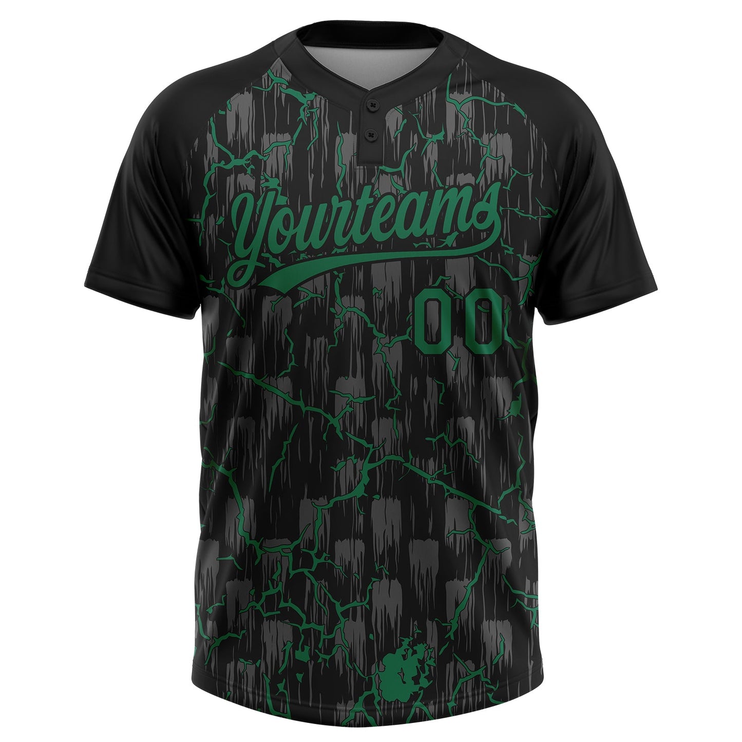 Custom Black Kelly Green-Gray Raglan Sleeves Neon Lightning Crackle Two-Button Unisex Softball Jersey