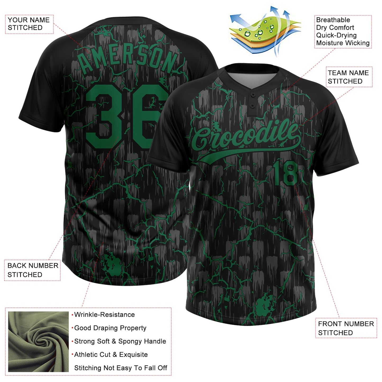Custom Black Kelly Green-Gray Raglan Sleeves Neon Lightning Crackle Two-Button Unisex Softball Jersey
