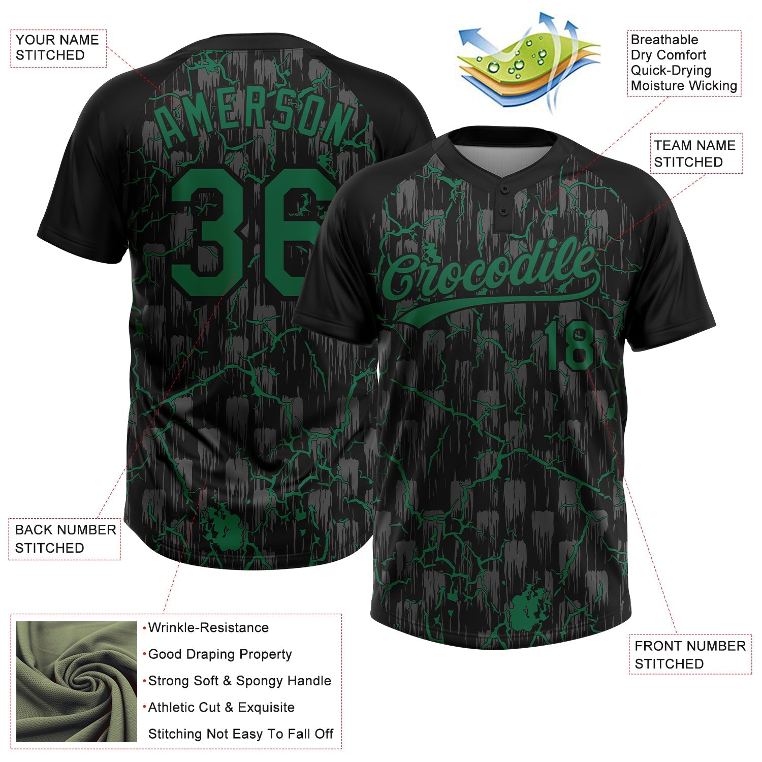 Custom Black Kelly Green-Gray Raglan Sleeves Neon Lightning Crackle Two-Button Unisex Softball Jersey
