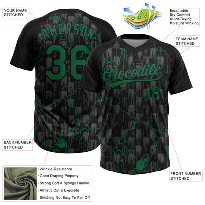 Custom Black Kelly Green-Gray Raglan Sleeves Neon Lightning Crackle Two-Button Unisex Softball Jersey