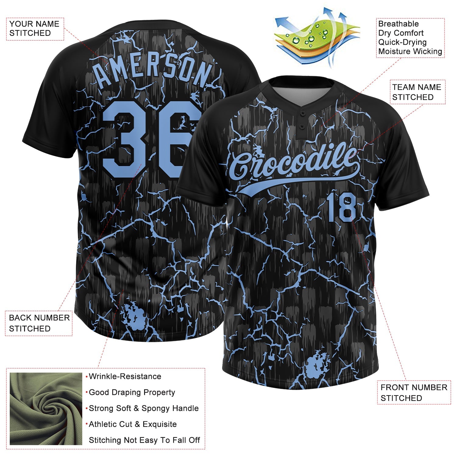 Custom Black Light Blue-Gray Raglan Sleeves Neon Lightning Crackle Two-Button Unisex Softball Jersey