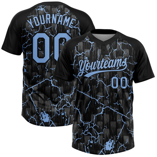 Custom Black Light Blue-Gray Raglan Sleeves Neon Lightning Crackle Two-Button Unisex Softball Jersey