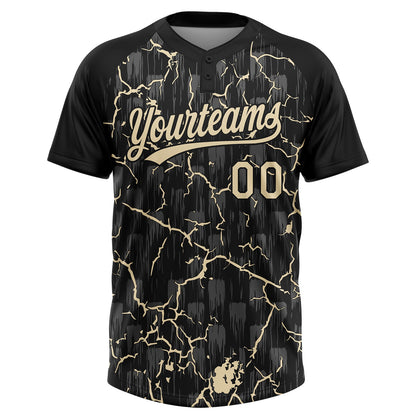 Custom Black Cream Cream-Gray Raglan Sleeves Neon Lightning Crackle Two-Button Unisex Softball Jersey