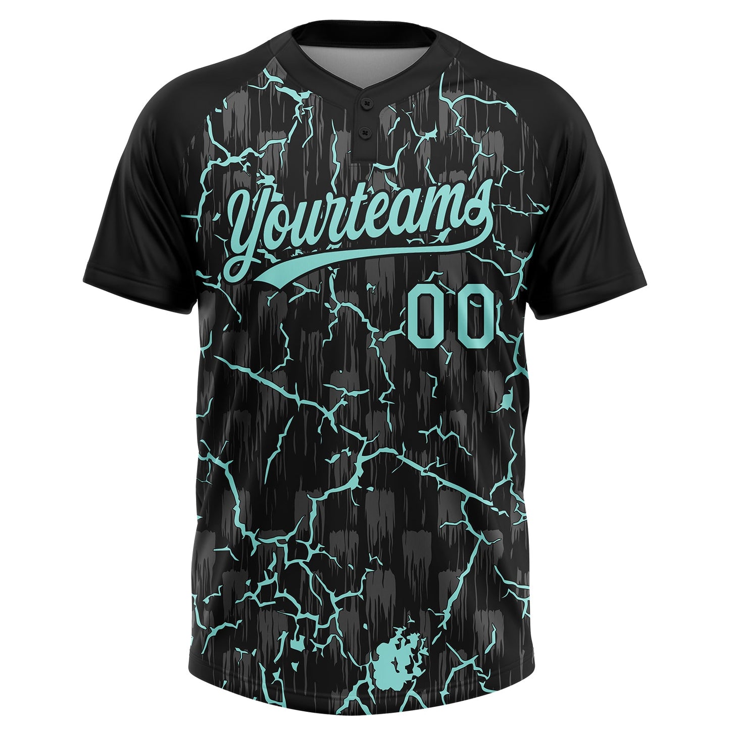 Custom Black Ice Blue-Gray Raglan Sleeves Neon Lightning Crackle Two-Button Unisex Softball Jersey