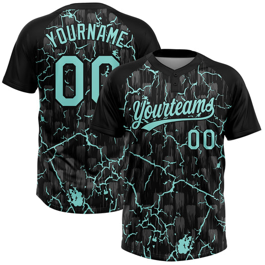 Custom Black Ice Blue-Gray Raglan Sleeves Neon Lightning Crackle Two-Button Unisex Softball Jersey