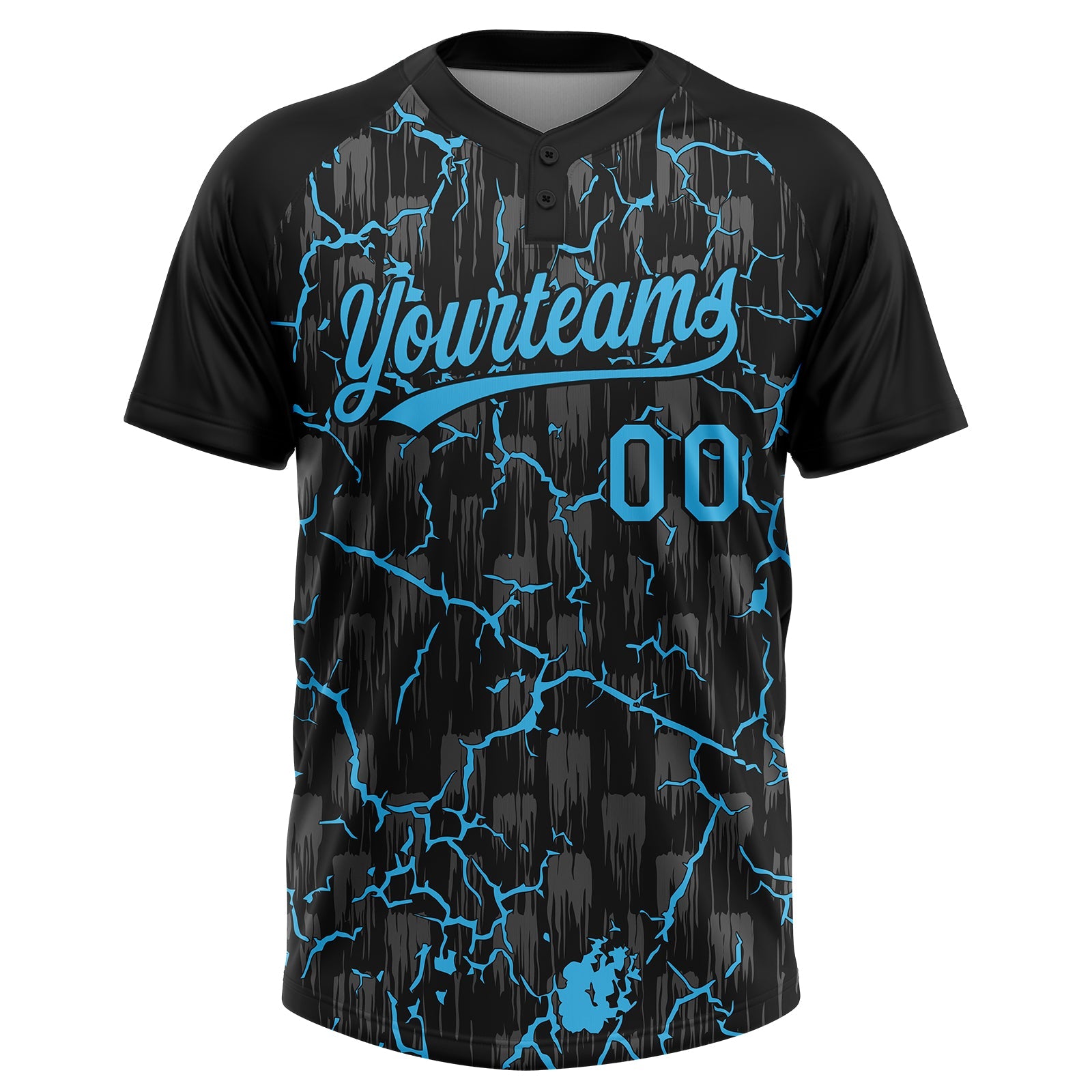 Custom Black Sky Blue-Gray Raglan Sleeves Neon Lightning Crackle Two-Button Unisex Softball Jersey
