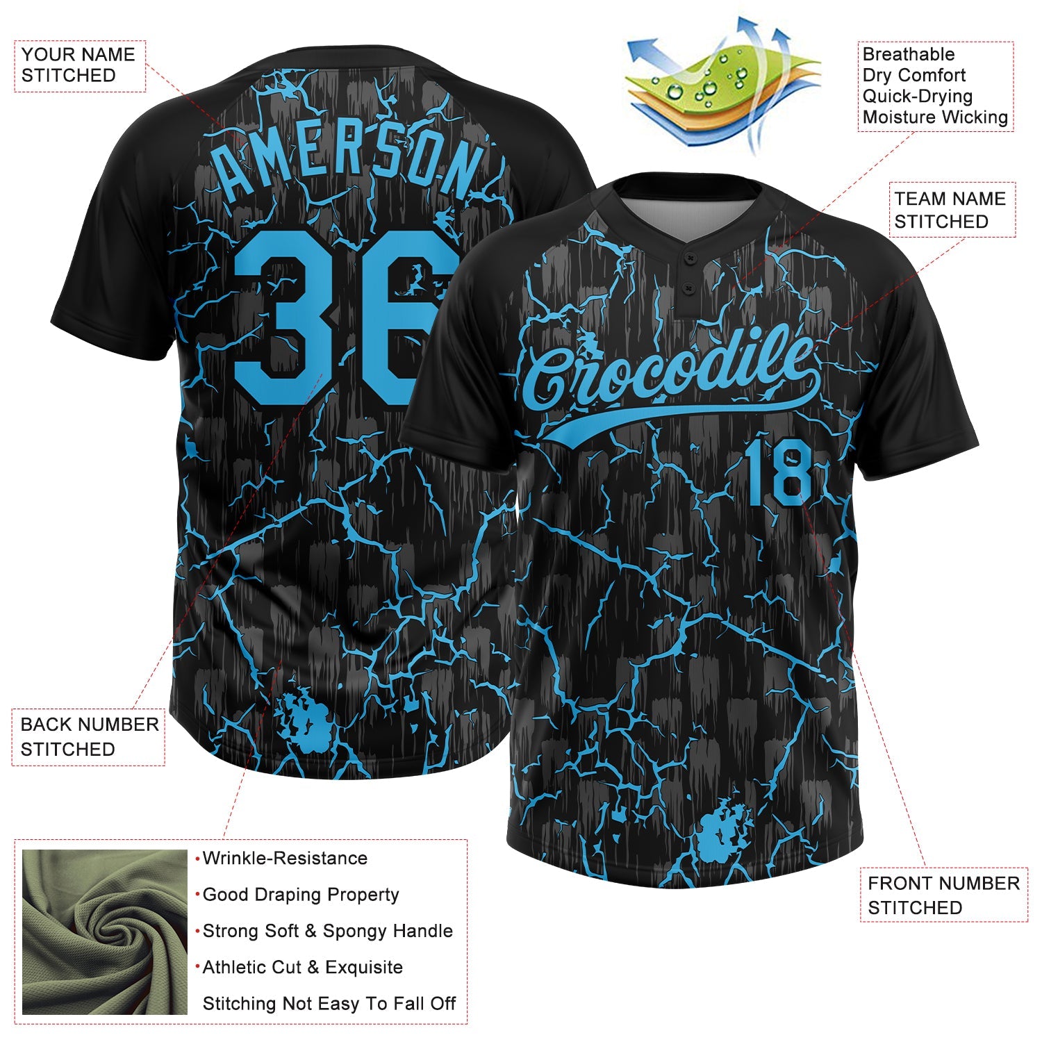 Custom Black Sky Blue-Gray Raglan Sleeves Neon Lightning Crackle Two-Button Unisex Softball Jersey
