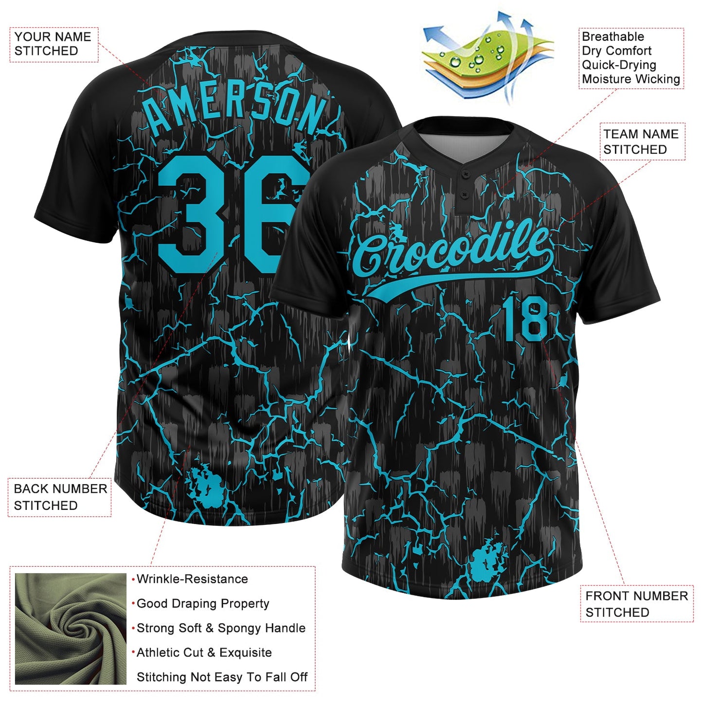 Custom Black Lakes Blue-Gray Raglan Sleeves Neon Lightning Crackle Two-Button Unisex Softball Jersey