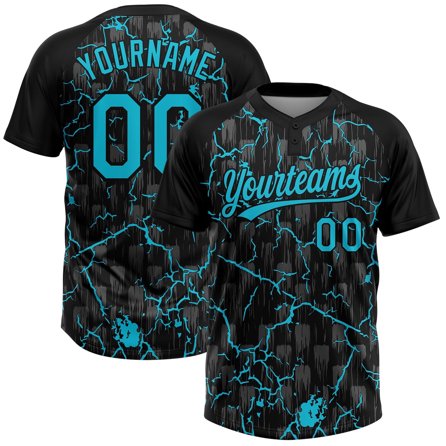 Custom Black Lakes Blue-Gray Raglan Sleeves Neon Lightning Crackle Two-Button Unisex Softball Jersey