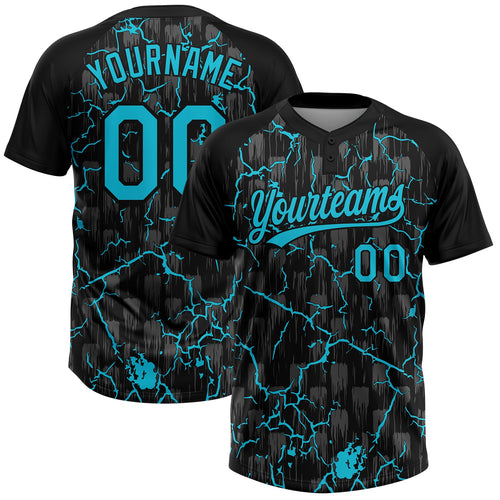 Custom Black Lakes Blue-Gray Raglan Sleeves Neon Lightning Crackle Two-Button Unisex Softball Jersey