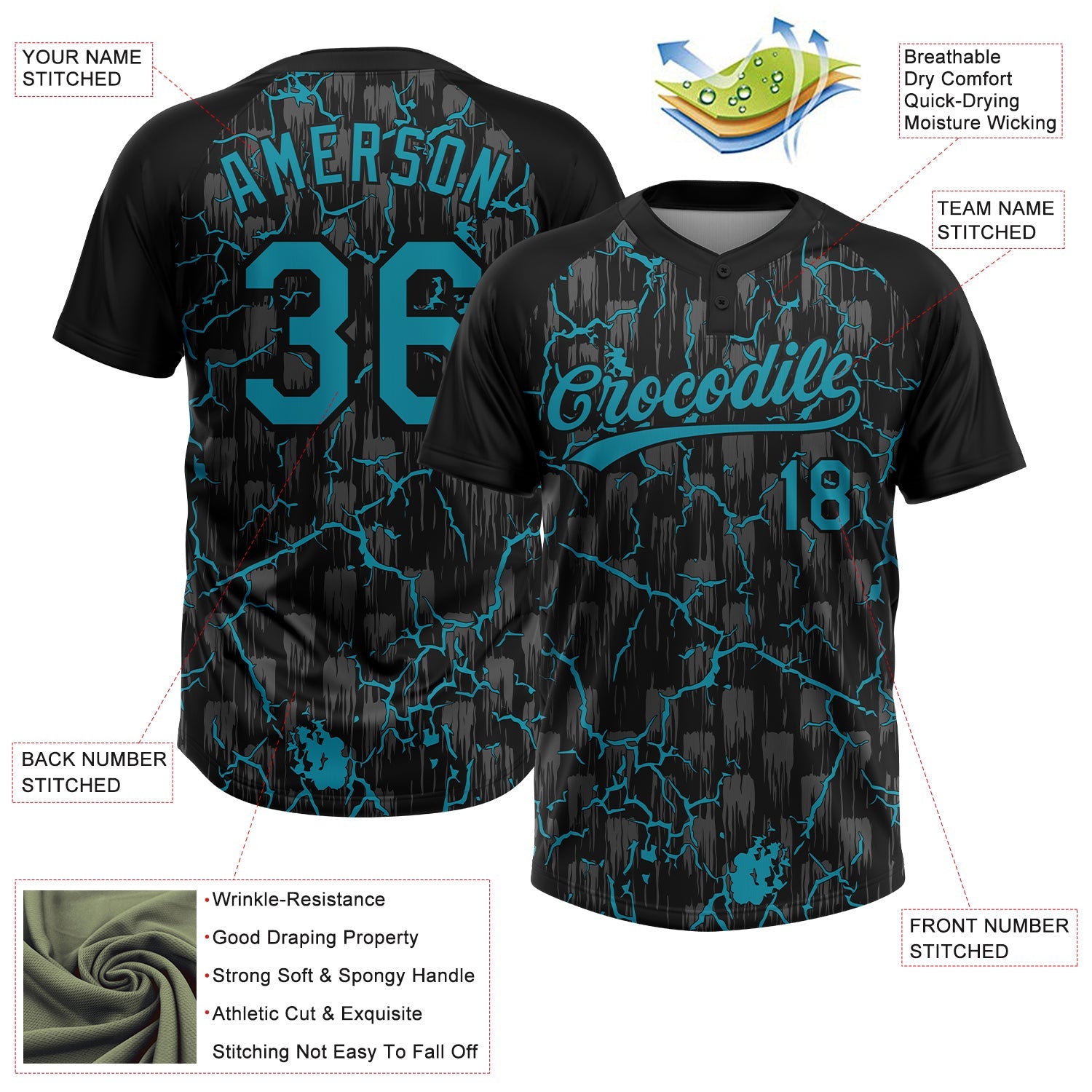 Custom Black Teal-Gray Raglan Sleeves Neon Lightning Crackle Two-Button Unisex Softball Jersey