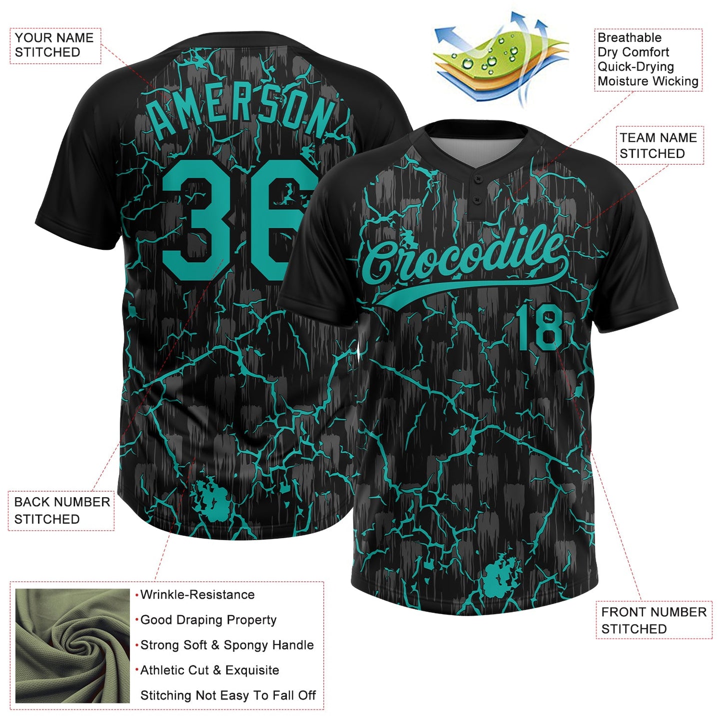 Custom Black Aqua-Gray Raglan Sleeves Neon Lightning Crackle Two-Button Unisex Softball Jersey