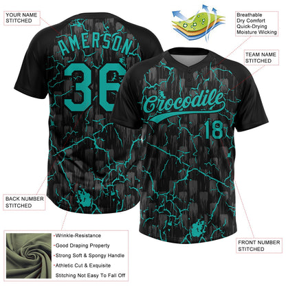 Custom Black Aqua-Gray Raglan Sleeves Neon Lightning Crackle Two-Button Unisex Softball Jersey