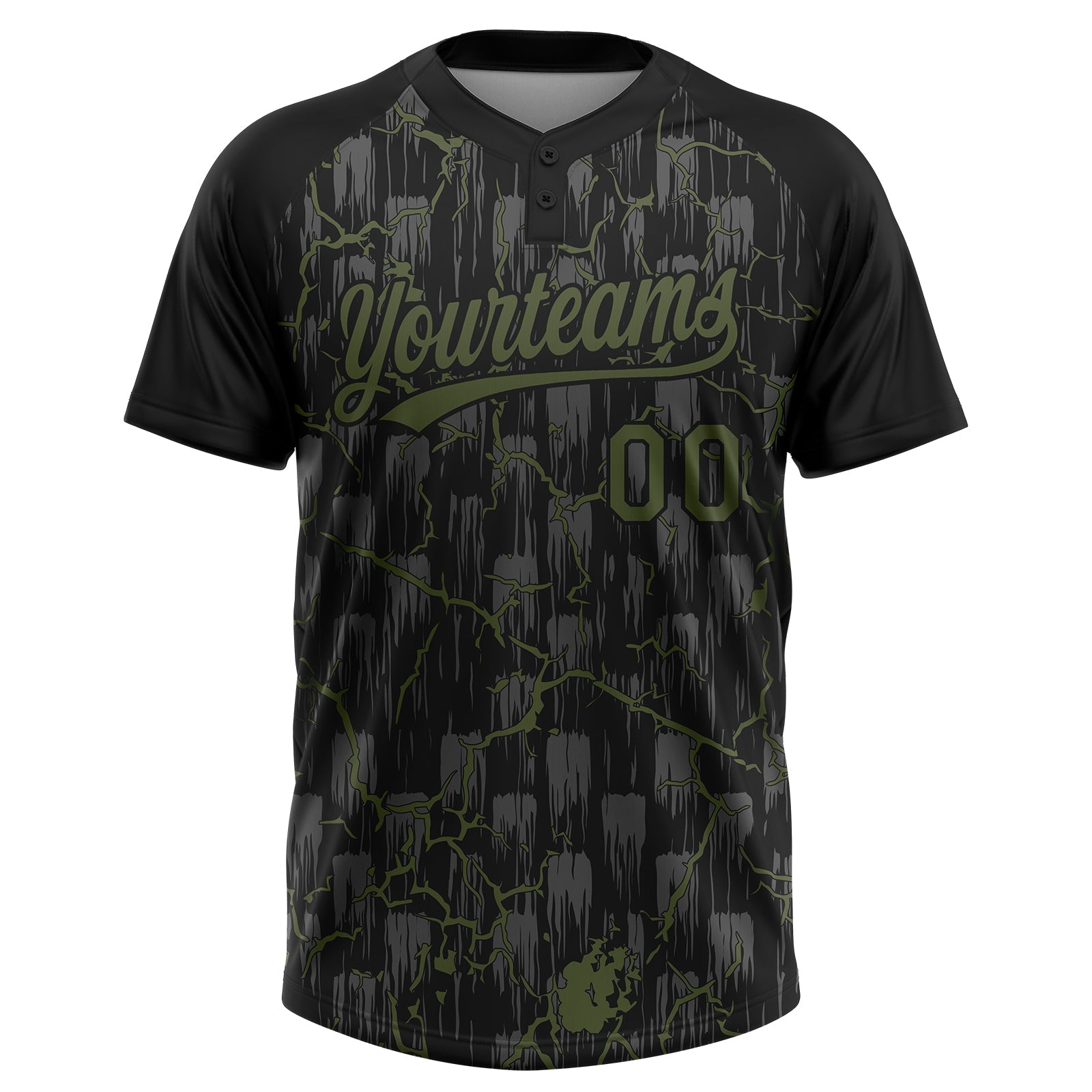 Custom Black Olive-Gray Raglan Sleeves Neon Lightning Crackle Two-Button Unisex Softball Jersey