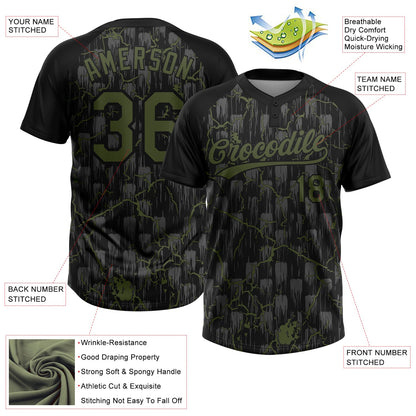 Custom Black Olive-Gray Raglan Sleeves Neon Lightning Crackle Two-Button Unisex Softball Jersey