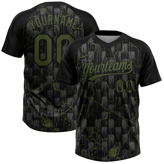 Custom Black Olive-Gray Raglan Sleeves Neon Lightning Crackle Two-Button Unisex Softball Jersey