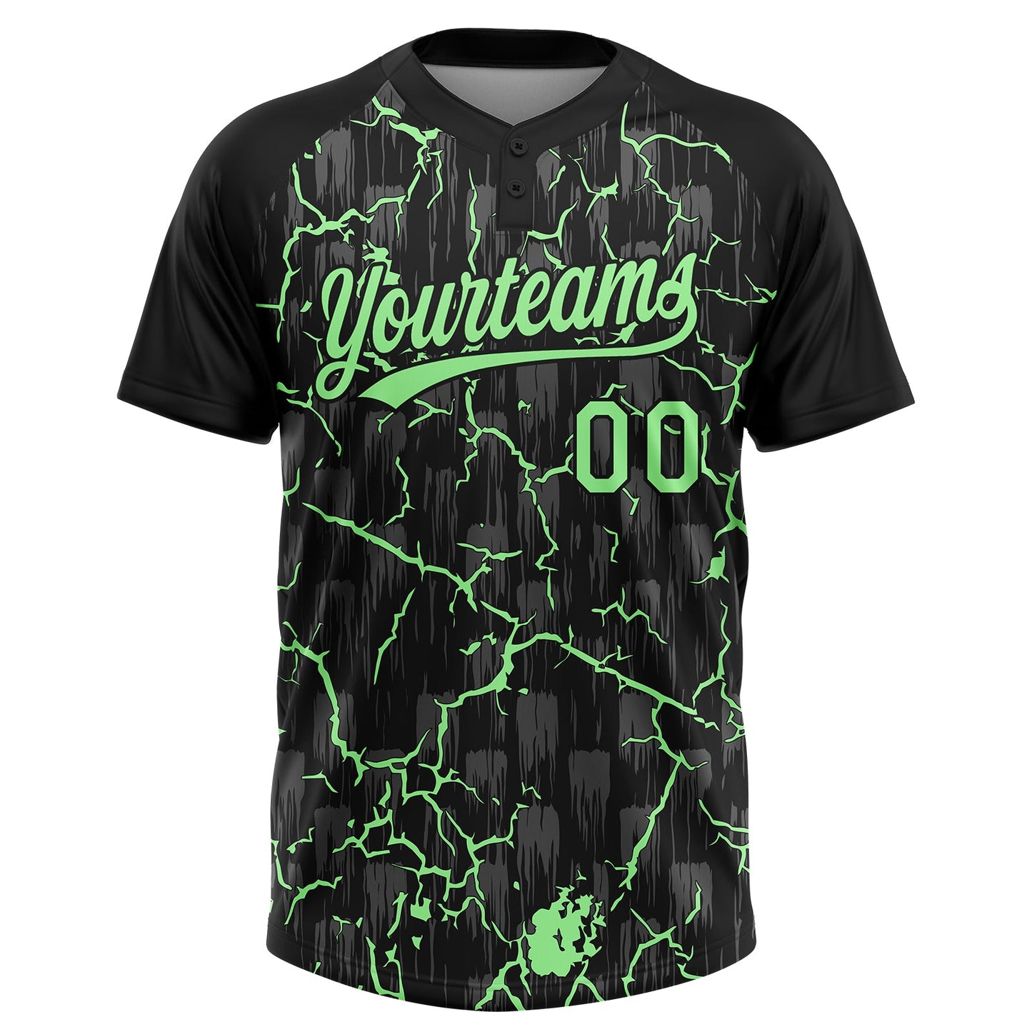 Custom Black Pea Green-Gray Raglan Sleeves Neon Lightning Crackle Two-Button Unisex Softball Jersey