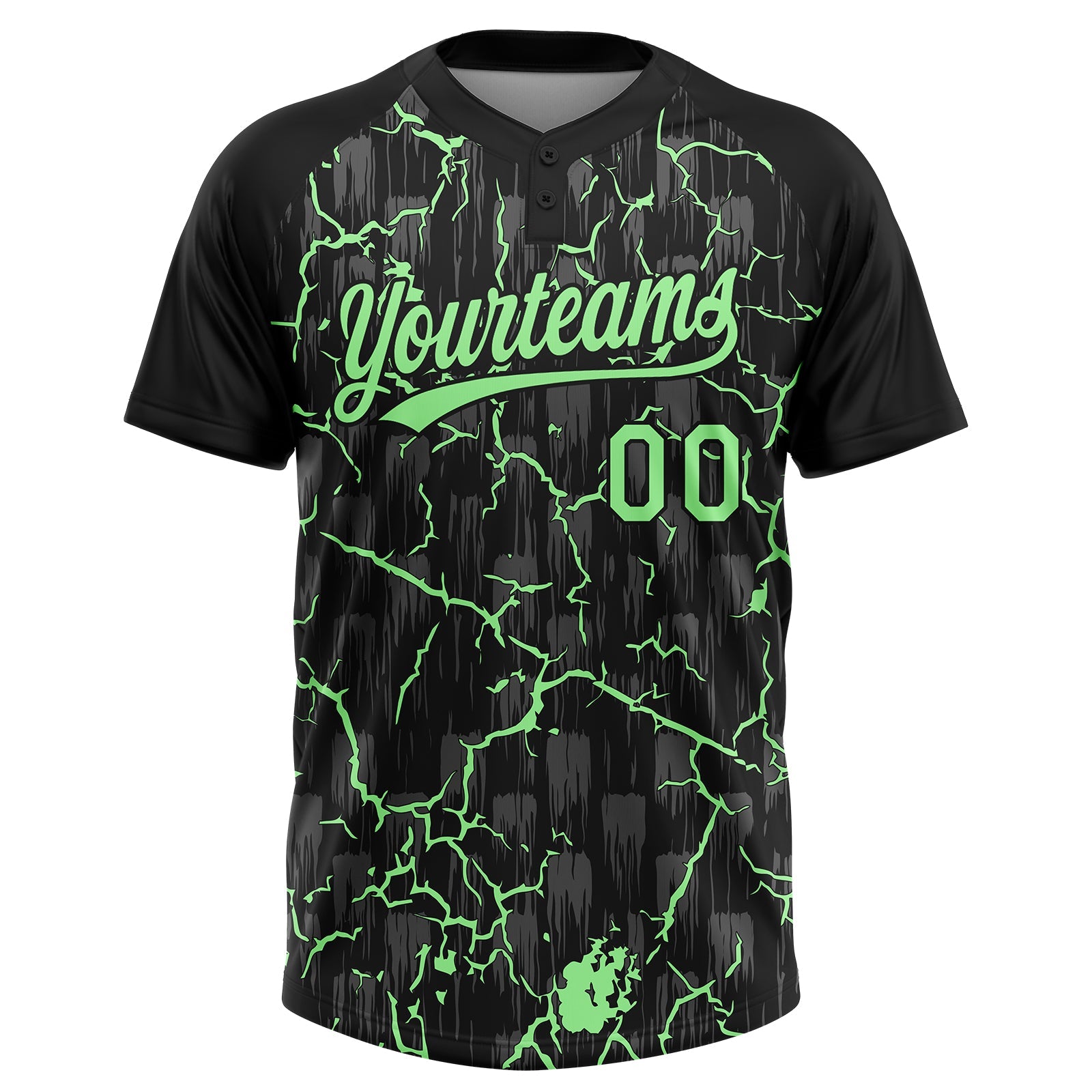 Custom Black Pea Green-Gray Raglan Sleeves Neon Lightning Crackle Two-Button Unisex Softball Jersey