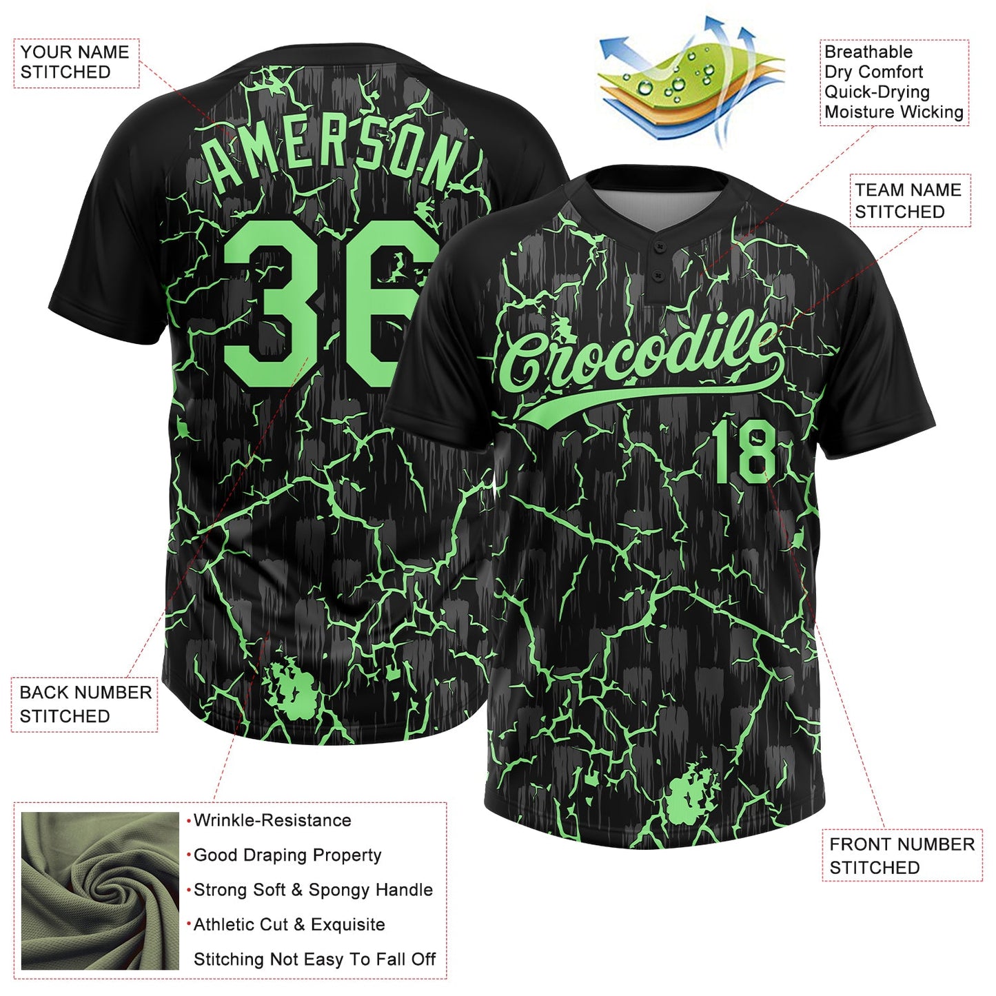 Custom Black Pea Green-Gray Raglan Sleeves Neon Lightning Crackle Two-Button Unisex Softball Jersey