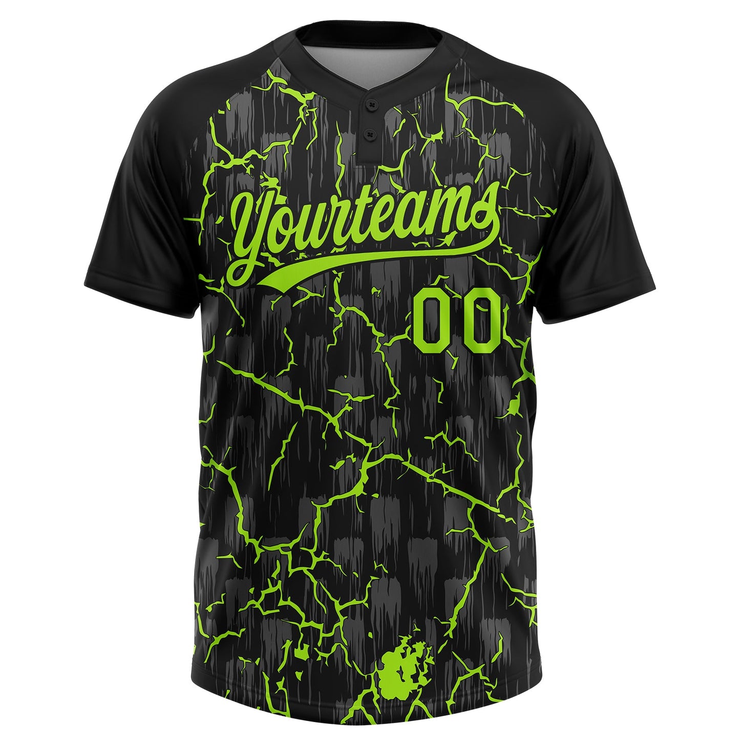 Custom Black Neon Green-Gray Raglan Sleeves Neon Lightning Crackle Two-Button Unisex Softball Jersey