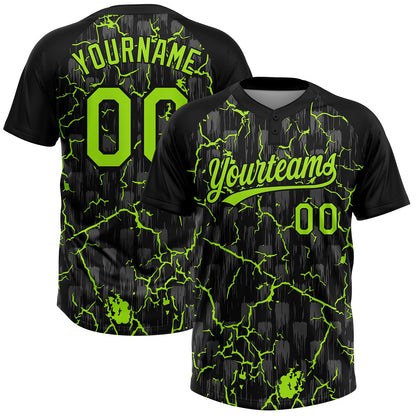 Custom Black Neon Green-Gray Raglan Sleeves Neon Lightning Crackle Two-Button Unisex Softball Jersey