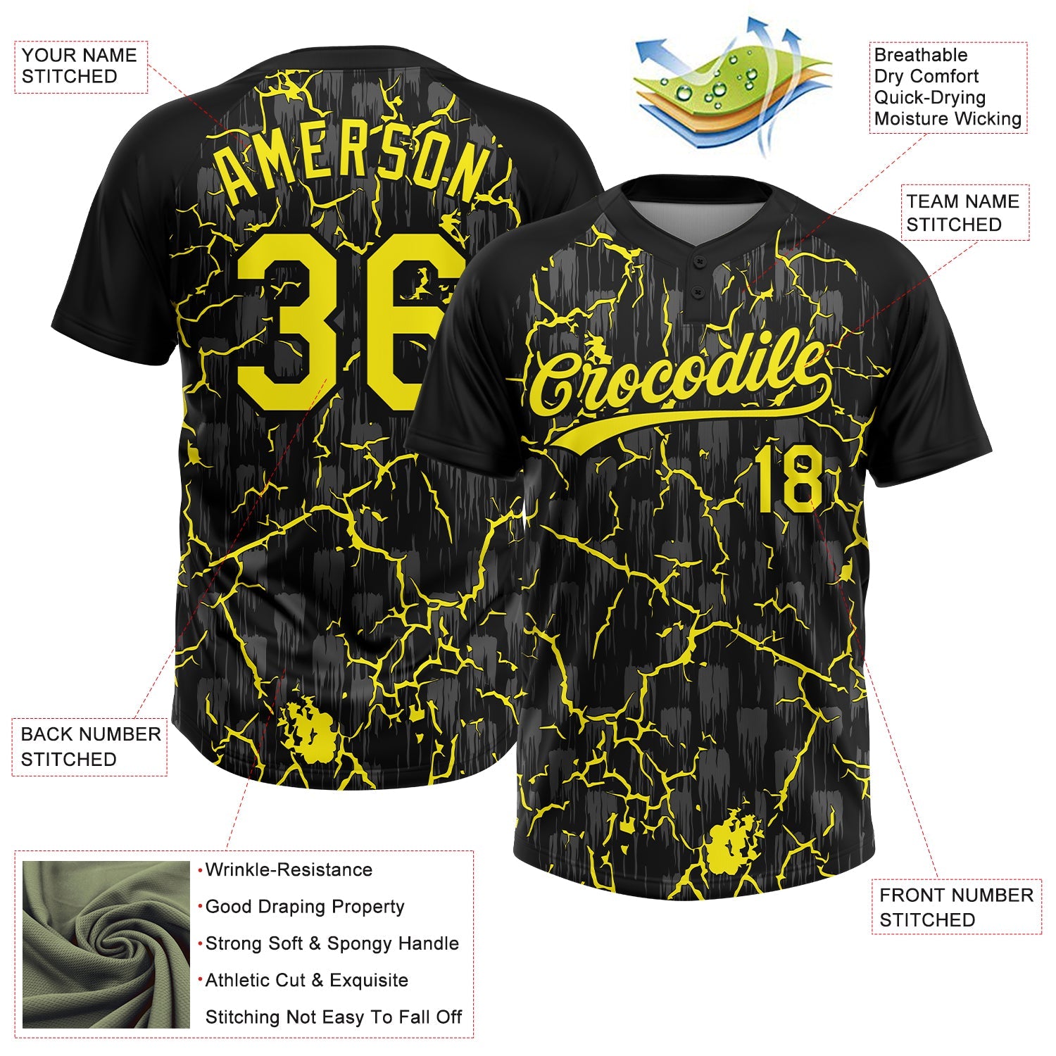 Custom Black Light Yellow-Gray Raglan Sleeves Neon Lightning Crackle Two-Button Unisex Softball Jersey