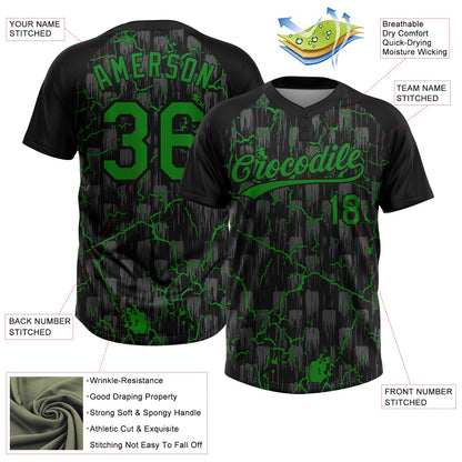 Custom Black Grass Green-Gray Raglan Sleeves Neon Lightning Crackle Two-Button Unisex Softball Jersey