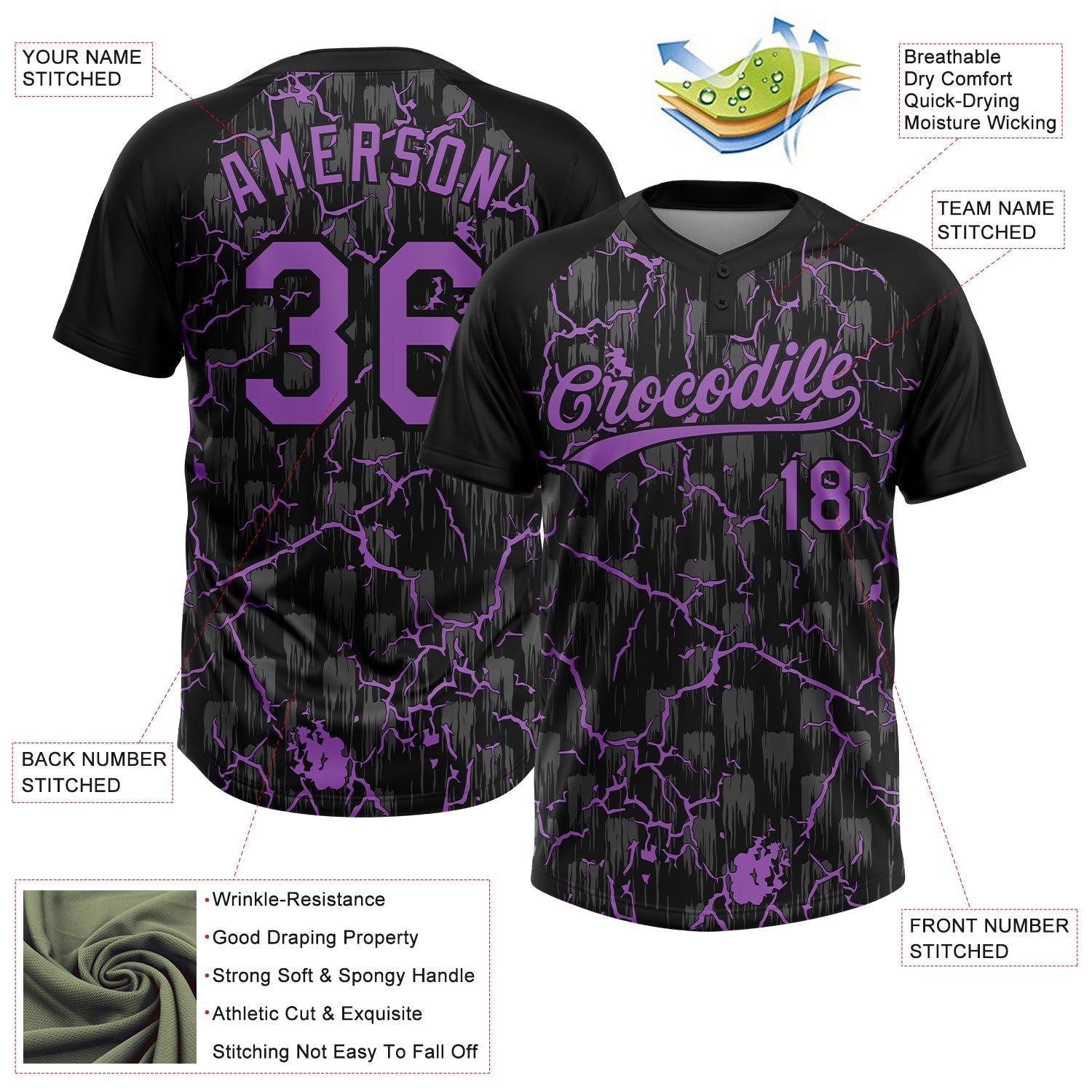 Custom Black Medium Purple-Gray Raglan Sleeves Neon Lightning Crackle Two-Button Unisex Softball Jersey