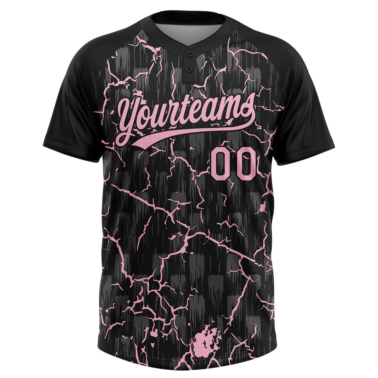 Custom Black Light Pink-Gray Raglan Sleeves Neon Lightning Crackle Two-Button Unisex Softball Jersey