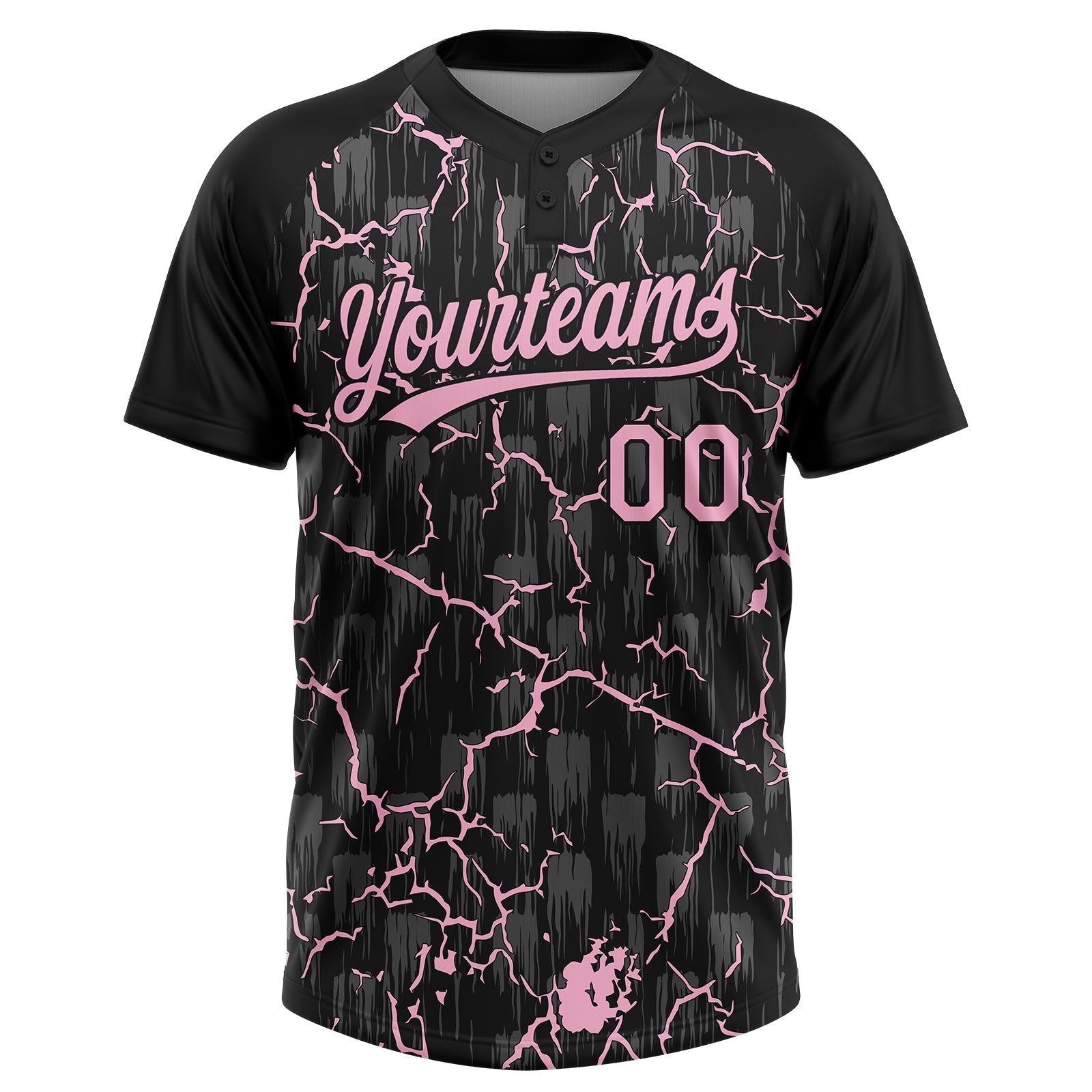 Custom Black Light Pink-Gray Raglan Sleeves Neon Lightning Crackle Two-Button Unisex Softball Jersey