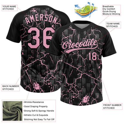 Custom Black Light Pink-Gray Raglan Sleeves Neon Lightning Crackle Two-Button Unisex Softball Jersey