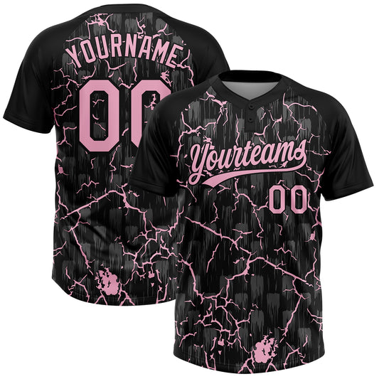 Custom Black Light Pink-Gray Raglan Sleeves Neon Lightning Crackle Two-Button Unisex Softball Jersey
