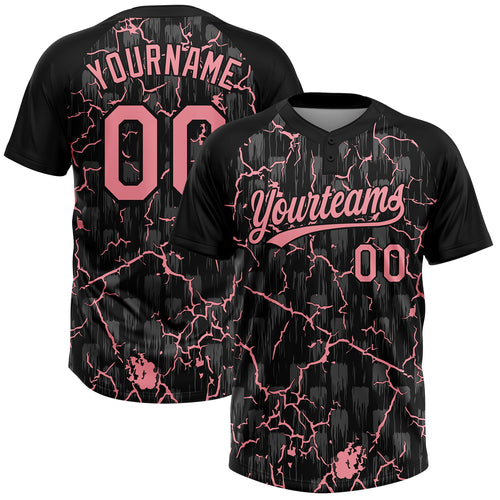 Custom Black-Medium Pink Raglan Sleeves Neon Lightning Crackle Two-Button Unisex Softball Jersey