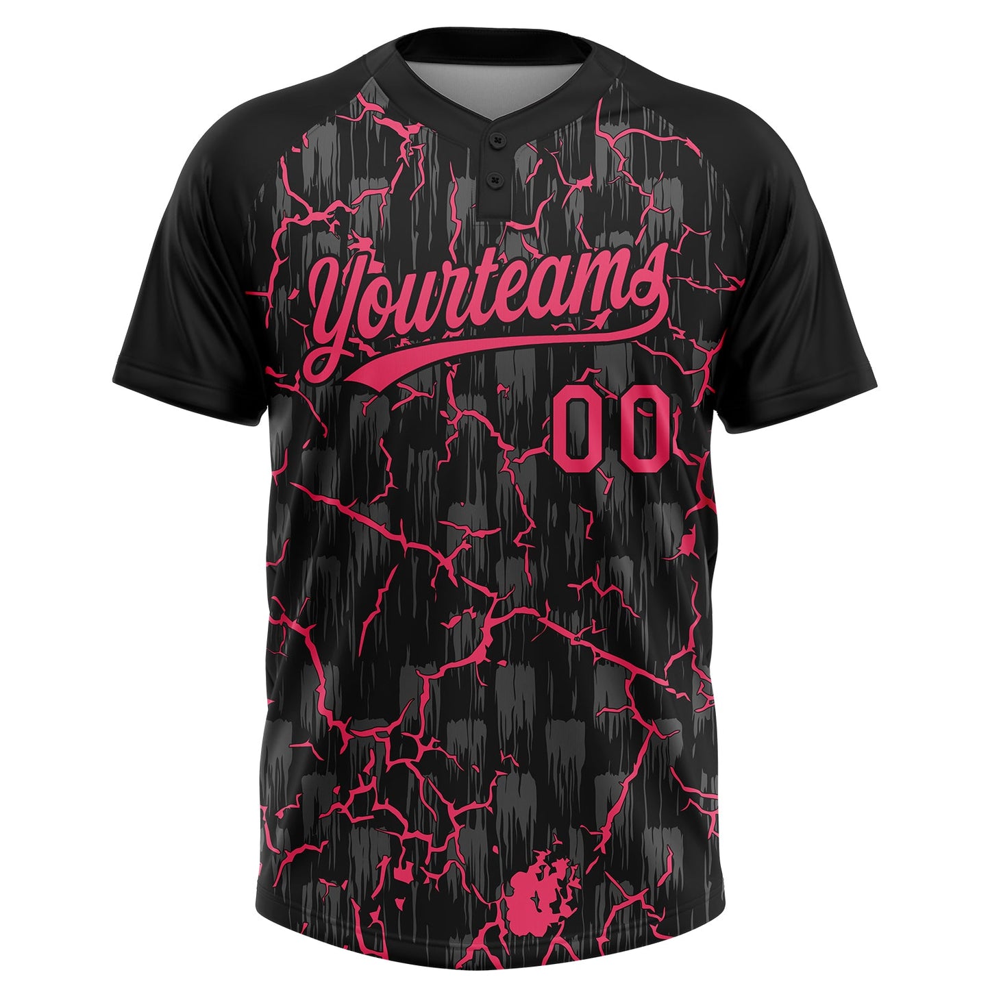 Custom Black Neon Pink-Gray Raglan Sleeves Neon Lightning Crackle Two-Button Unisex Softball Jersey