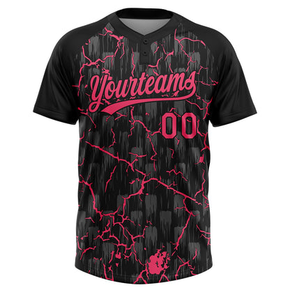 Custom Black Neon Pink-Gray Raglan Sleeves Neon Lightning Crackle Two-Button Unisex Softball Jersey