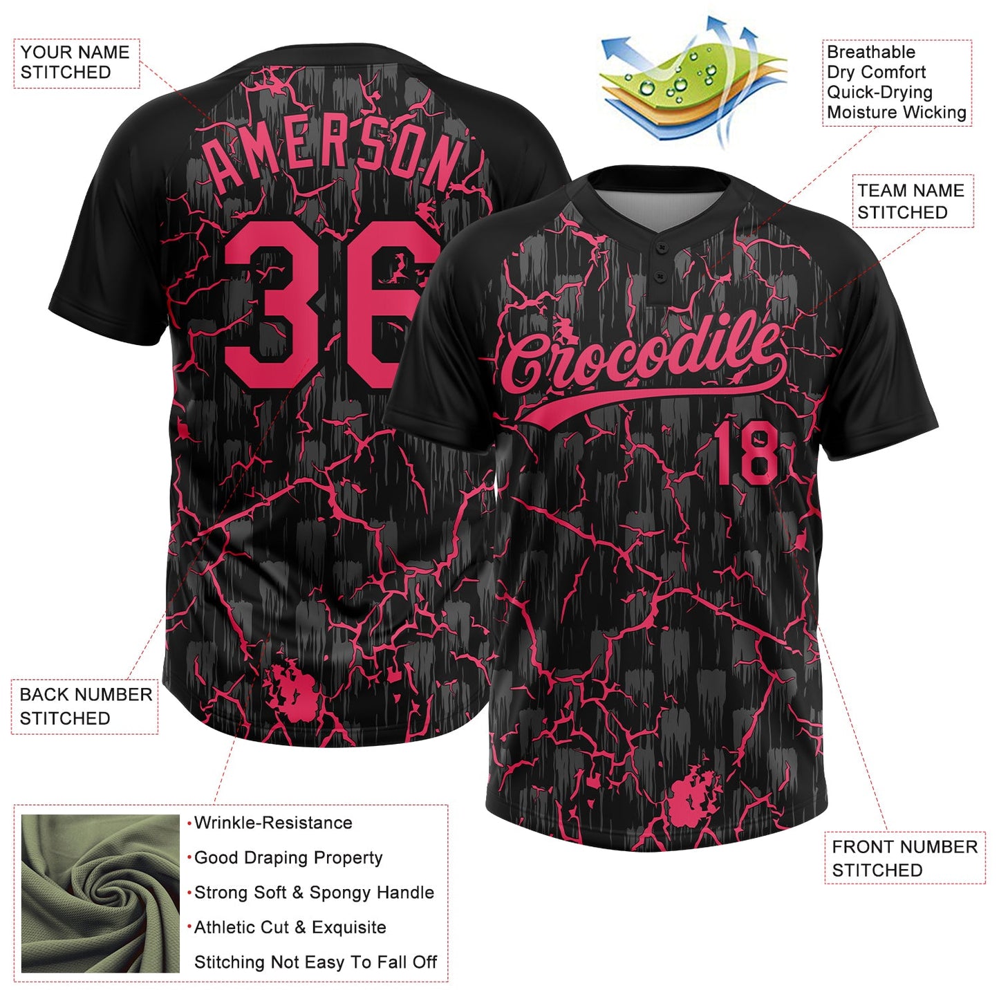 Custom Black Neon Pink-Gray Raglan Sleeves Neon Lightning Crackle Two-Button Unisex Softball Jersey