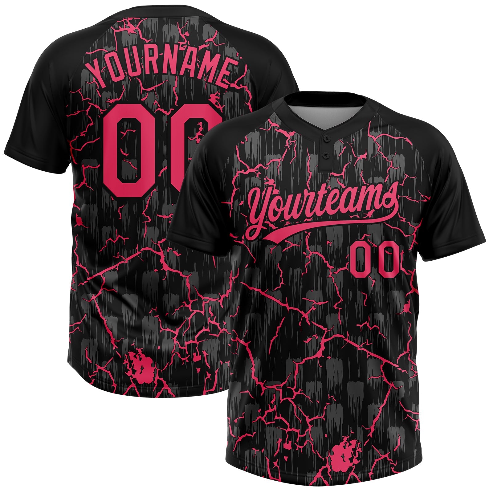 Custom Black Neon Pink-Gray Raglan Sleeves Neon Lightning Crackle Two-Button Unisex Softball Jersey