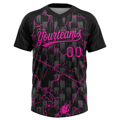 Custom Black Deep Pink-Gray Raglan Sleeves Neon Lightning Crackle Two-Button Unisex Softball Jersey