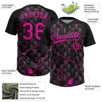 Custom Black Deep Pink-Gray Raglan Sleeves Neon Lightning Crackle Two-Button Unisex Softball Jersey