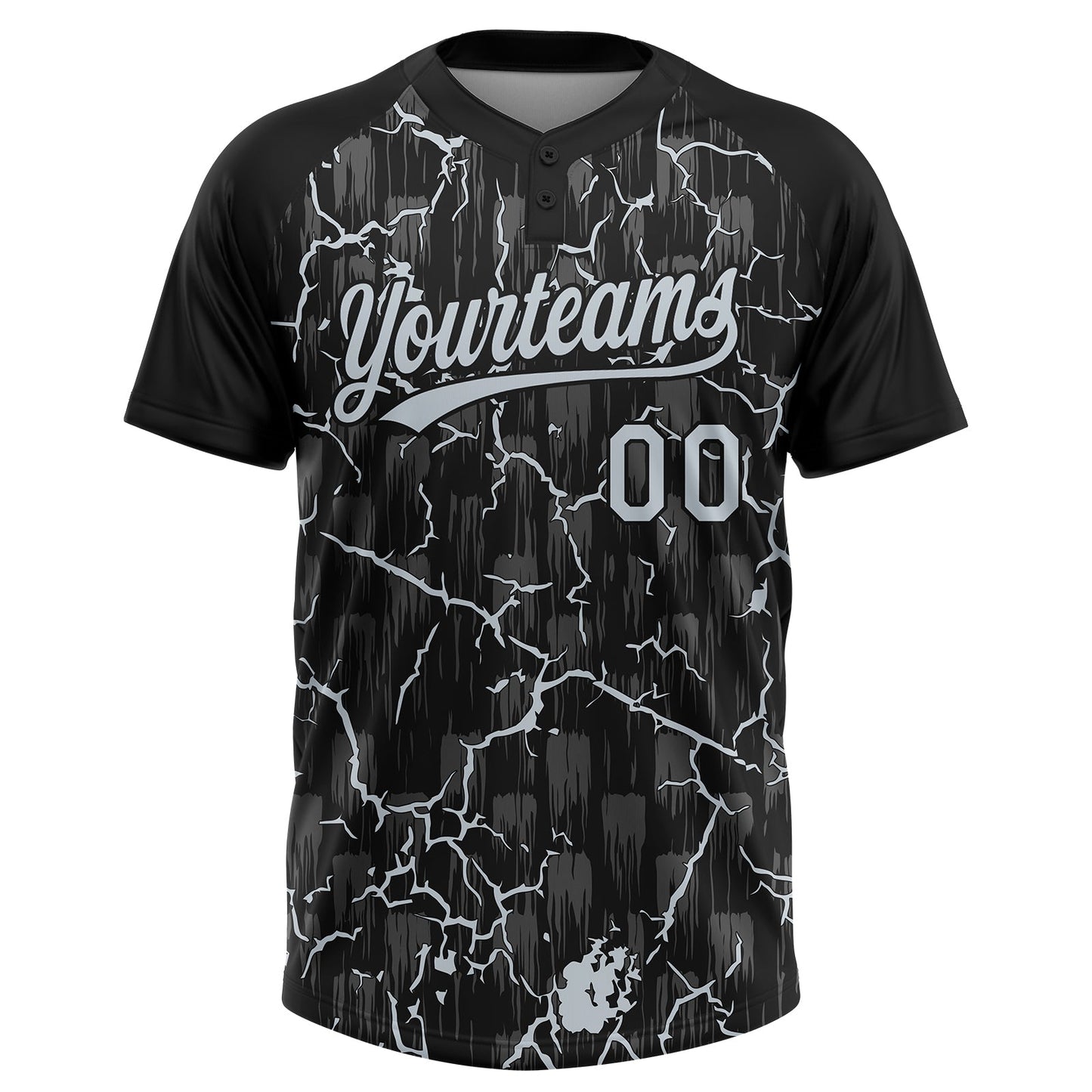Custom Black Silver Silver-Gray Raglan Sleeves Neon Lightning Crackle Two-Button Unisex Softball Jersey