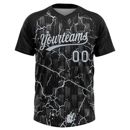 Custom Black Silver Silver-Gray Raglan Sleeves Neon Lightning Crackle Two-Button Unisex Softball Jersey
