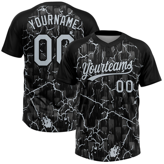 Custom Black Silver Silver-Gray Raglan Sleeves Neon Lightning Crackle Two-Button Unisex Softball Jersey