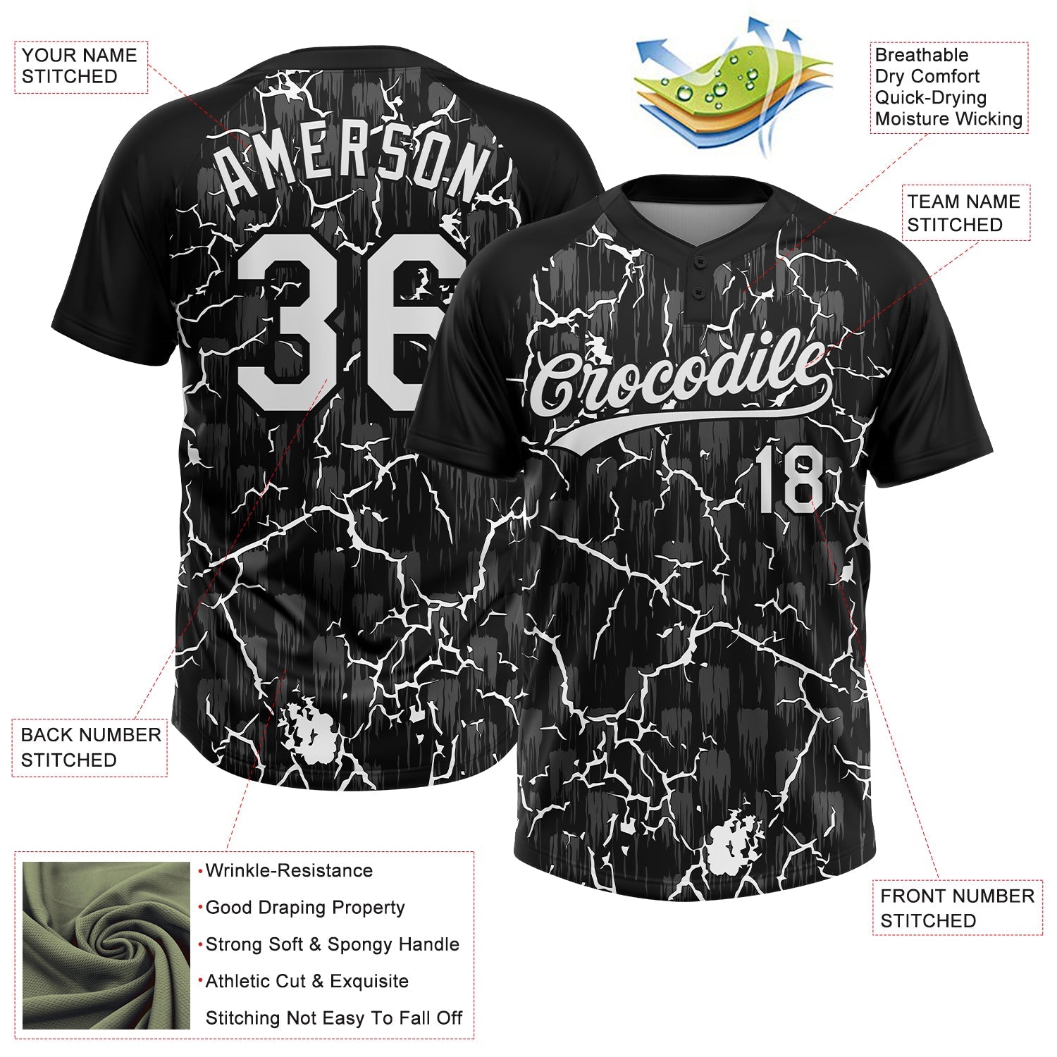 Custom Black White-Gray Raglan Sleeves Neon Lightning Crackle Two-Button Unisex Softball Jersey