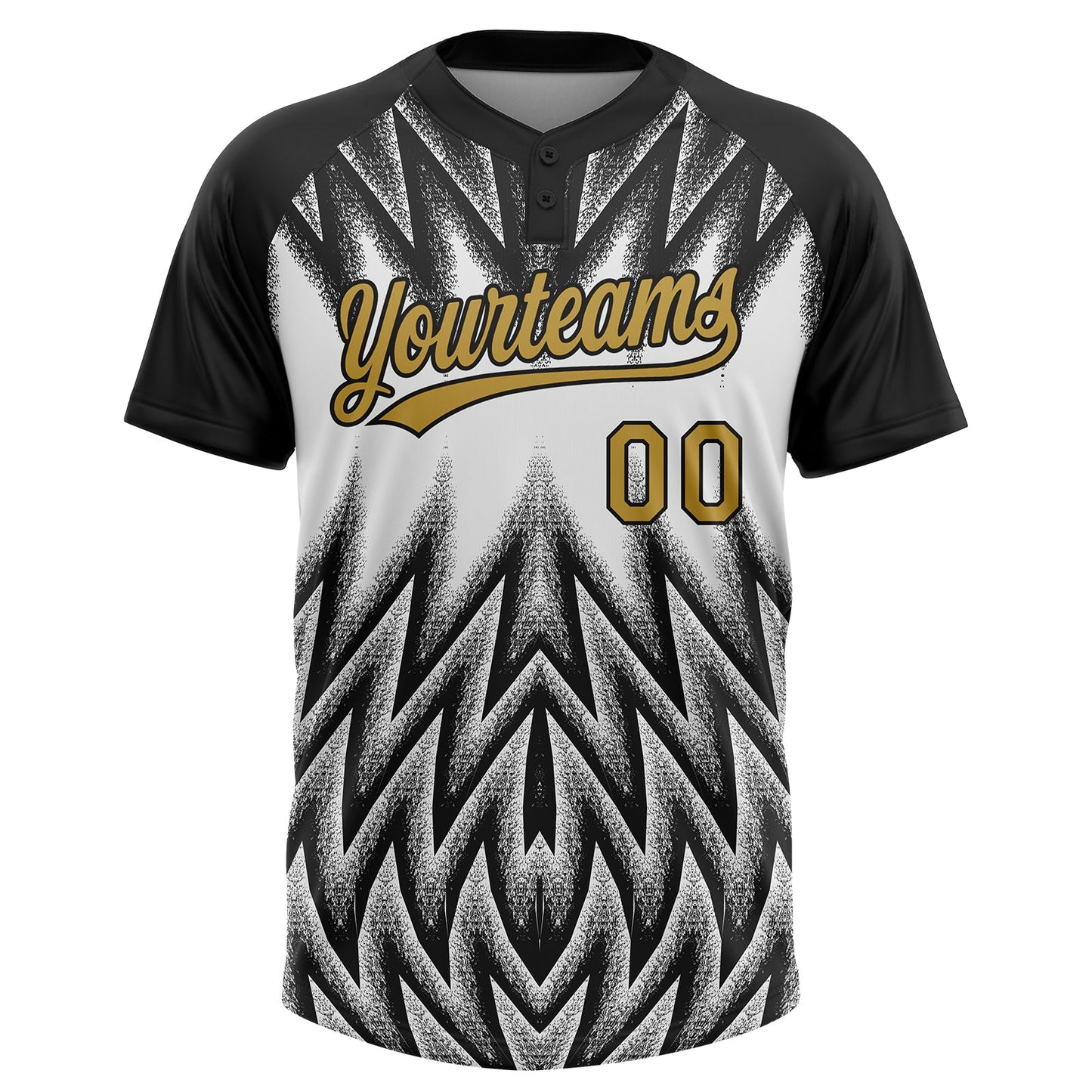 Custom Black Old Gold-White Raglan Sleeves Abstract Geometric Chevron Zigzag Two-Button Unisex Softball Jersey