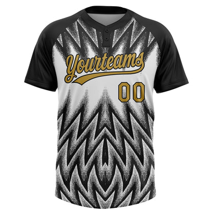 Custom Black Old Gold-White Raglan Sleeves Abstract Geometric Chevron Zigzag Two-Button Unisex Softball Jersey