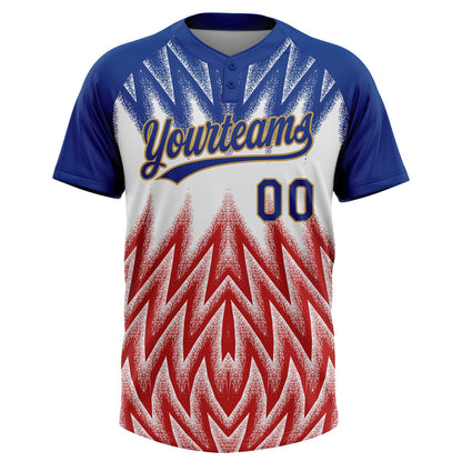 Custom Royal White Red-Old Gold Raglan Sleeves Abstract Geometric Chevron Zigzag Two-Button Unisex Softball Jersey
