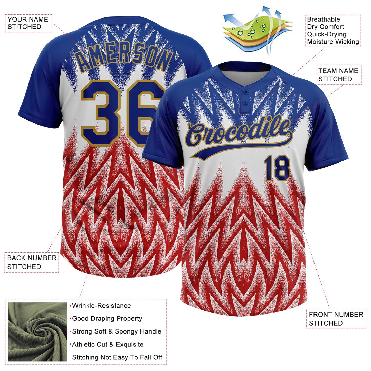 Custom Royal White Red-Old Gold Raglan Sleeves Abstract Geometric Chevron Zigzag Two-Button Unisex Softball Jersey