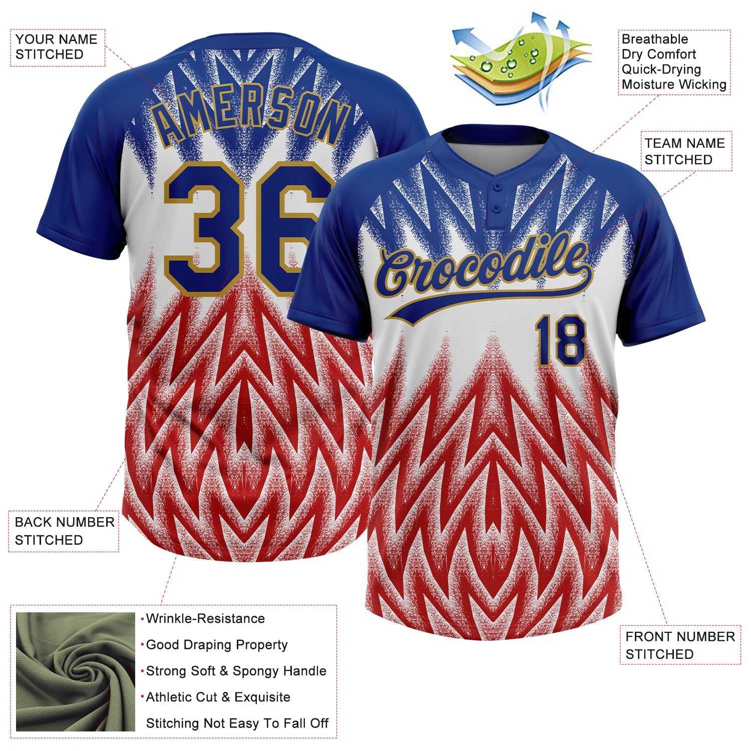 Custom Royal White Red-Old Gold Raglan Sleeves Abstract Geometric Chevron Zigzag Two-Button Unisex Softball Jersey