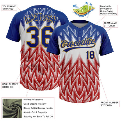 Custom Royal White Red-Old Gold Raglan Sleeves Abstract Geometric Chevron Zigzag Two-Button Unisex Softball Jersey
